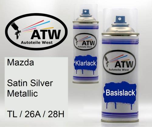 Mazda, Satin Silver Metallic, TL / 26A / 28H: 400ml Sprühdose + 400ml Klarlack - Set, von ATW Autoteile West.